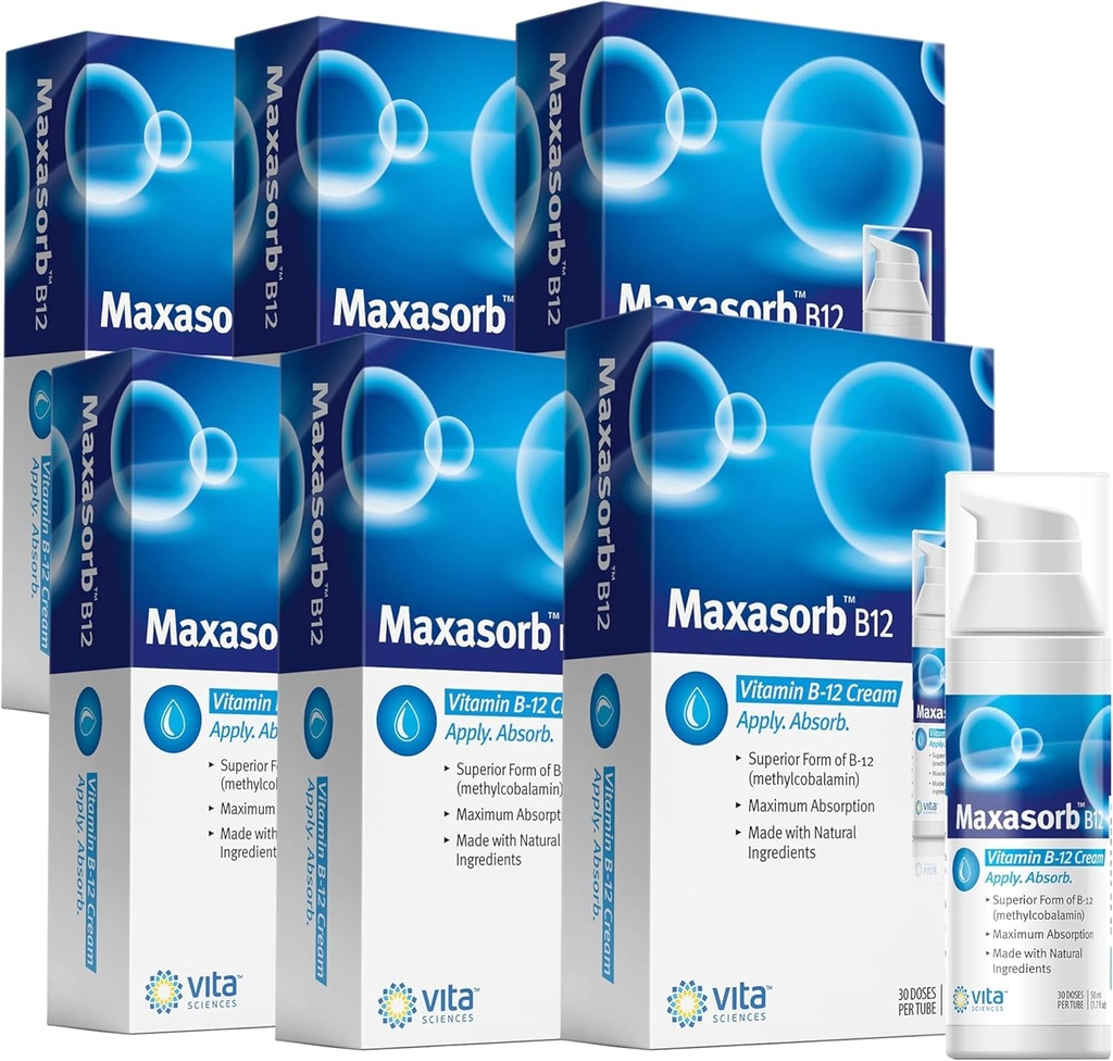 Vita Sciences Maxasorb B12 Vitamin B-12 Cream 1000 mcg: Ισχυρή επίκαιρη μεθυλοκοβαλαμίνη για την ενέργεια, την υγεία και το λαμπερό δέρμα - Συσκευασία των 6
