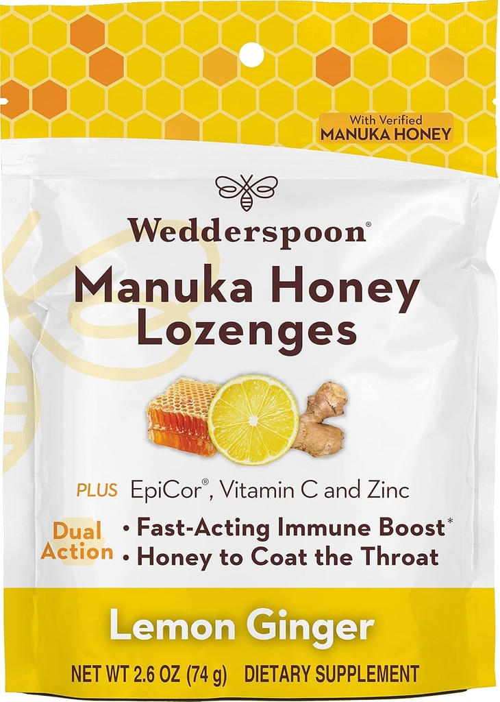 Wedderspoon Manuka Μέλι Ασυλία Lozenges, Lemon Ginger, 2.6 Oz (πακέτο του 1), Γνήσιο Μέλι Νέας Ζηλανδίας, Ενίσχυση Ασυλία Μέσα σε δύο ώρες
