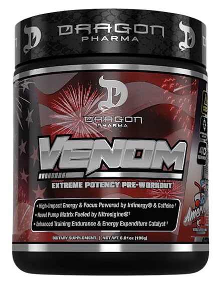 DRAGON PHARMA Venom Extreme Potency Pre-Workout, Laser Sharp Focus + Ενέργεια, Έντονη απόδοση, Αποδεδειγμένα συστατικά για την ενίσχυση της αγγειοδιαστολής & αντοχής (40 εξυπηρετούν, American Juice)