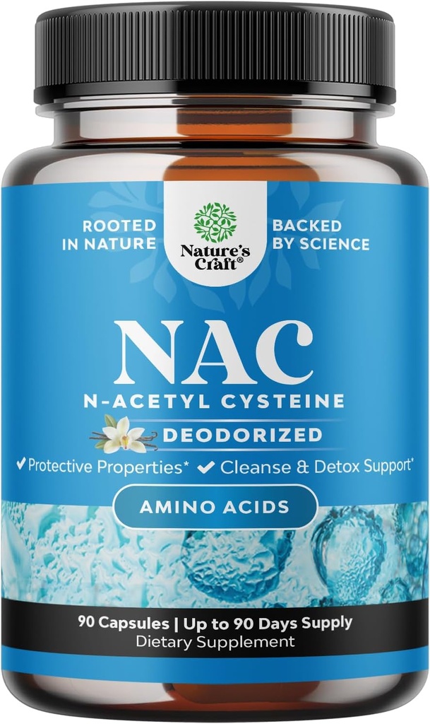 Συμπλήρωμα NAC N-Acetyl Cysteine με Vanilla - Detox N-Acetylcysteine συμπλήρωμα για την υγεία του πνεύμονα και την αναπνευστική λειτουργία, το ήπαρ και τα νεφρά Detox & Cleanse - Amino NAC κάψουλες για ενήλικες - 90 Ct