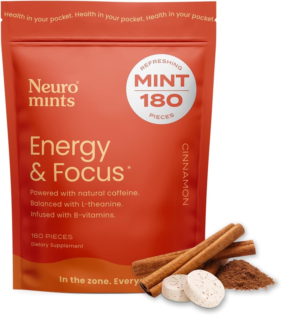 NeuroGum Energy Caffeine Mints (180 κομμάτια) - Ζάχαρη Χωρίς L-θεανίνη + Φυσική καφεΐνη + Βιταμίνη B12 & B6 - Nootropic Energy & Focus Supplement for Women & Men - Keto & Vegan, Cinnamon Flavor
