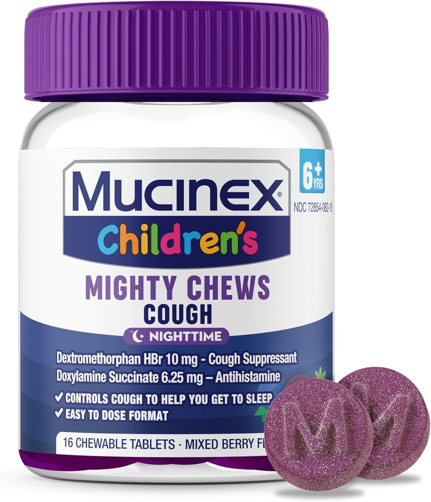 Mucinex παιδιά δυνατά μάσημα τη νύχτα παιδιά βήχα ιατρική, εύκολο στη δόση βήχα καταπιεστικό με Dextromethorphan, παιδιά ταξιδεύουν ιατρική για το βήχα, μικτή γεύση μούρου, 16 φάρμακα μασώμενα δισκία