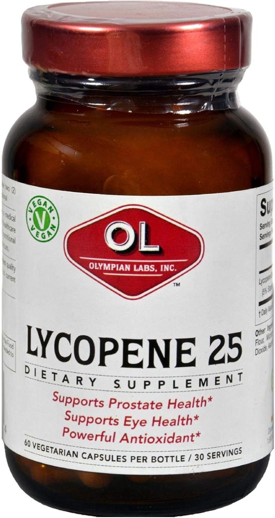 Olympian Labs Lycopene 25mg, Ισχυρό Αντιοξειδωτικό Υποστηρίζει την υγεία των ματιών, του προστάτη και της καρδιάς, χωρίς γλουτένη, μη ΓΤΟ, 60 κάψουλες Vegan