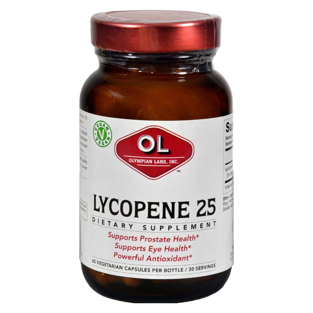 Olympian Labs Lycopene 25mg, Ισχυρό Αντιοξειδωτικό Υποστηρίζει την υγεία των ματιών, του προστάτη και της καρδιάς, χωρίς γλουτένη, μη ΓΤΟ, 60 κάψουλες Vegan