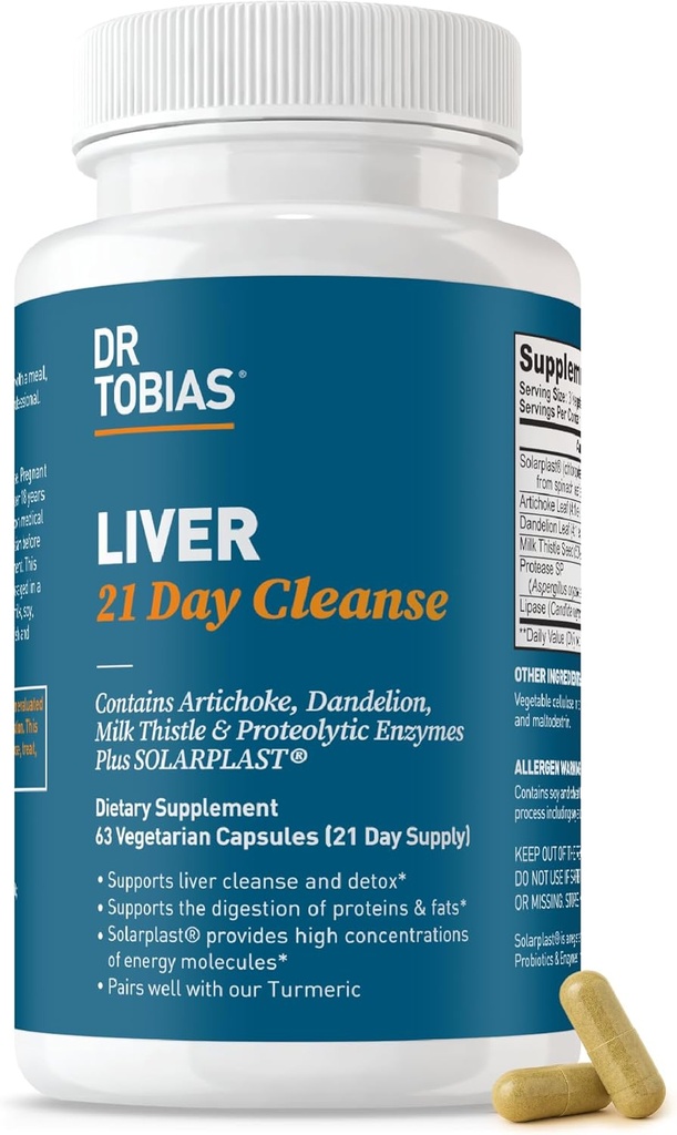 Dr. Tobias Liver 21 Ημέρα Καθαρίστε, Herbal Liver Detox Καθαρίστε με το γάλα Thestle, Dandelion Root & Artichoke Extract, Υποστηρίζει την υγεία του ήπατος και την πέψη, 63 κάψουλες χορτοφάγων