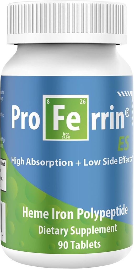 Proferrin ES- 10,5mg υψηλής απορρόφησης Heme Iron Polypeptide. Κατασκευασμένο στις ΗΠΑ. 90 δισκία. Με το μαλακό. Δεν επηρεάζεται από καφέ, ασβέστιο, ή PPI του.