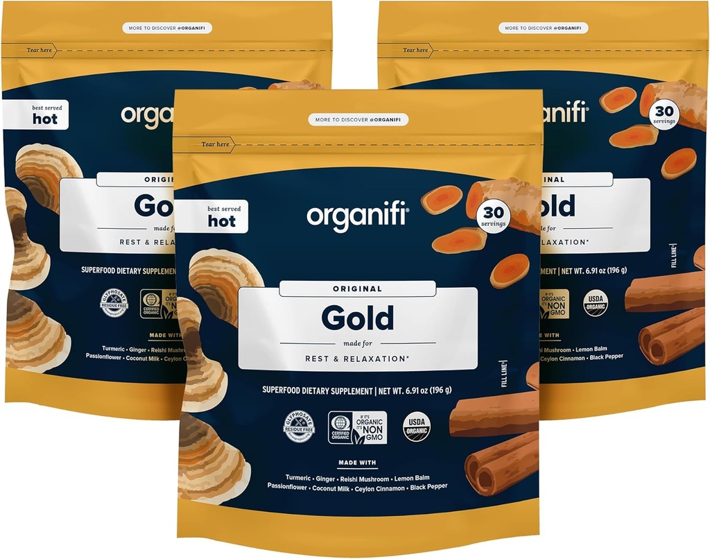 Organifi: Gold - Superfood Supplement Powder- 90 Servings (3 Pack) - Υποστήριξη στρες, καλύτερη ξεκούραση, χαλάρωση και προάγει τον ξεκούραστο ύπνο - Turmeric και Reishi Infused