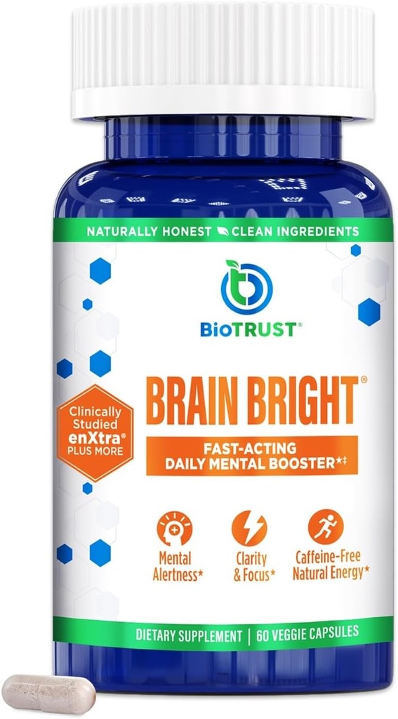 BioTrust Brain Bright – Καθημερινή Nootropic Boost για Εστίαση, Συγκέντρωση, Διανοητική Καθαρότητα – Caffeine Free Nootropics Brain Support Supplement – Thai Ginger, Ginkgo, Folate, L-Theanine – 30 Υπηρεσίες