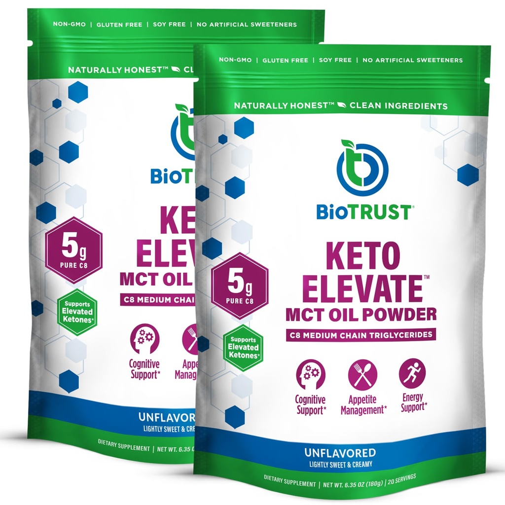 BioTrust Keto Elevate - C8 MCT Oil Powder - Ketogenic MCT Coffee Creamer, Keto Coffee Creamer - Clean Energy, Mental Focus & Clarity - 100% Caprylic Acid MCT Powder, Non-GMO (Unflavored, 40 Servings)