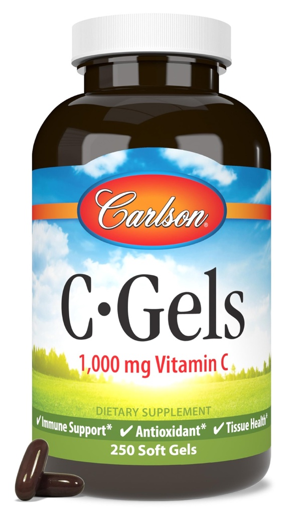 Carlson - C-Gels, 1000mg, Βιταμίνη C Softgels, Ανοσολογική Υποστήριξη & Υγεία της Καρδιάς, Βιταμίνη C Softgels, Αντιοξειδωτικό, Συμπλήρωμα βιταμίνης C, 250 Softgels