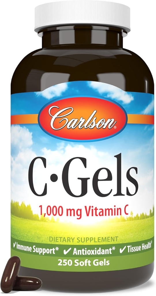 Carlson - C-Gels, 1000mg, Βιταμίνη C Softgels, Ανοσολογική Υποστήριξη & Υγεία της Καρδιάς, Βιταμίνη C Softgels, Αντιοξειδωτικό, Συμπλήρωμα βιταμίνης C, 250 Softgels