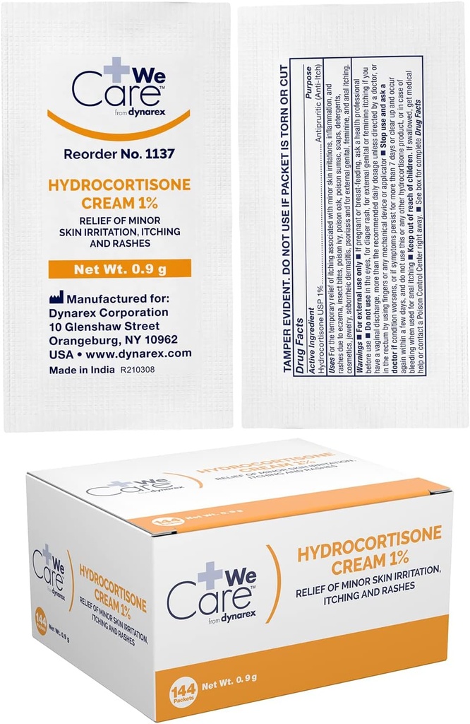 Dynarex Hydrocortisone Cream - Topical Anti-Itch Hydrocortisone Ointment for Προσωρινή Ανακούφιση Ελαχίστων Δερμάτων, Εξάνθημα, Ερεθισμός - .9g Packet, 1 Box of 144