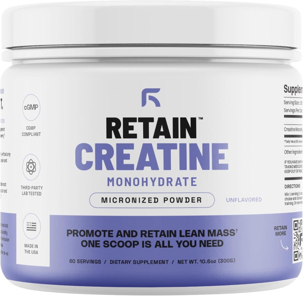 RETAIN Creatine Monohydrate Powder (60 Serv) - 100% Μικρόνιση Υψηλής Απορρόφησης Creatine Monohydrate, Lean μυϊκή μάζα & ανάκτηση