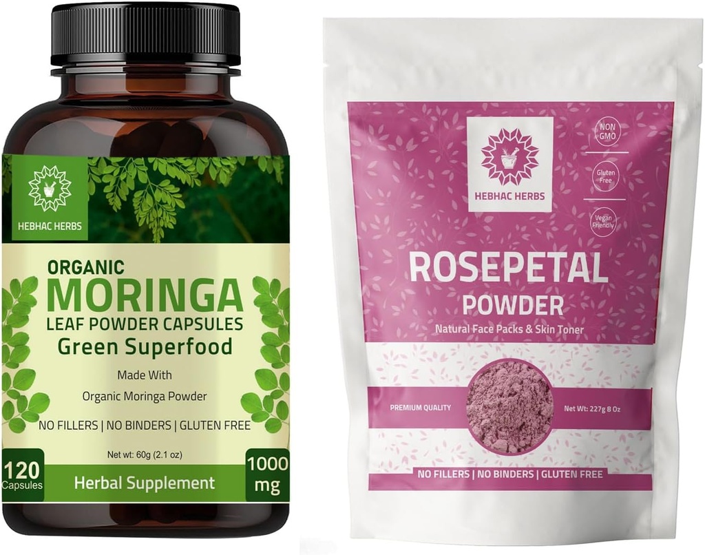 Organic Moringa Capsules 120 Capsules 1000mg and Rose Petal Powder 227g | Rose Petal Flower Powder 8 oz |