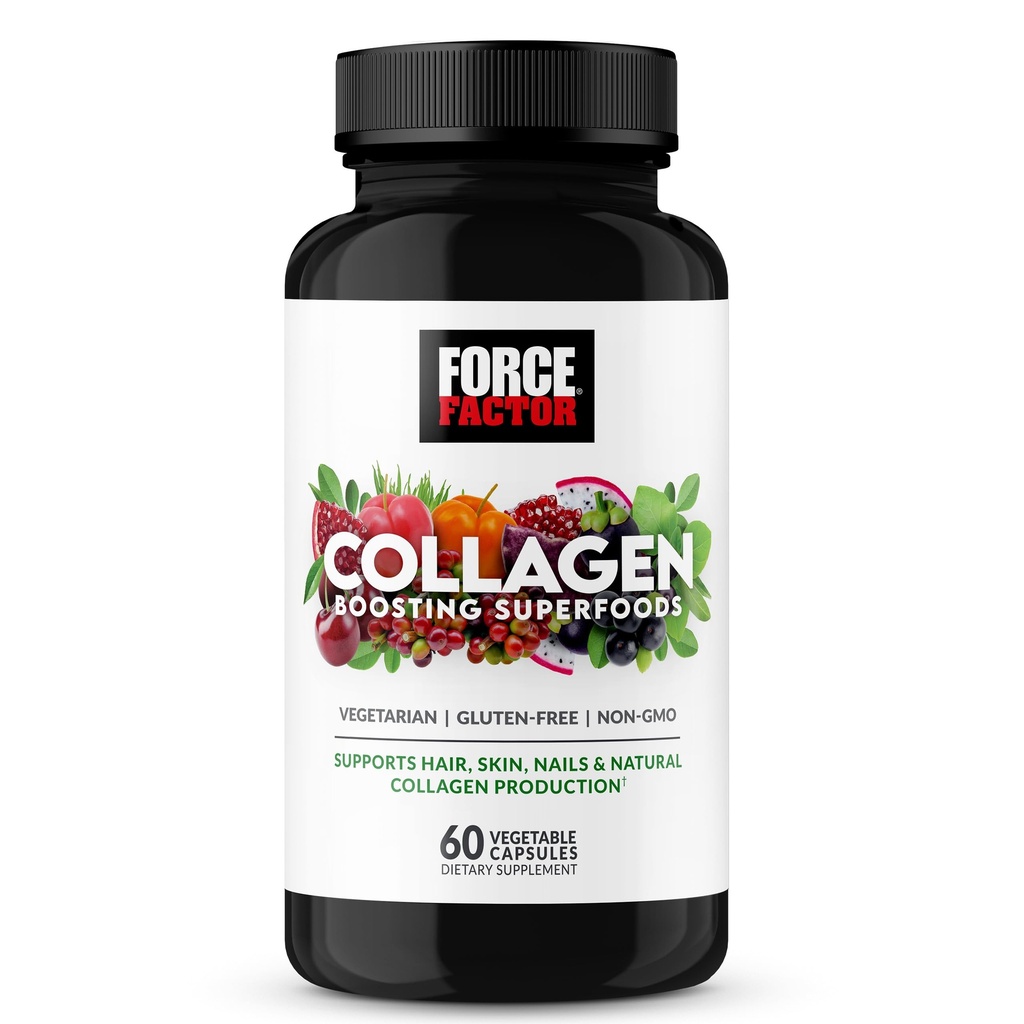 Force Factor Collagen Booating Superfoods, Vegan Collagen Booster με Υαλουρονικό οξύ, Βιοτίνη, Μπαμπού, Αμινοξέα & Βιταμίνες για τα μαλλιά, το δέρμα, και τα νύχια, τον ενισχυτή και συμπλήρωμα δέρματος, 60 κάψουλες