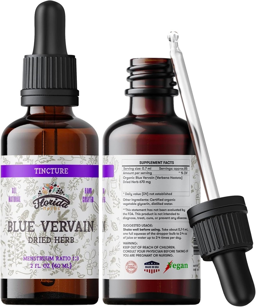 Blue Vervain Βότανο Βιολογικό Εκχύλισμα – Βιολογικό Μπλε Βότανο Ver Φυσικό συμπλήρωμα Vervain για άνδρες και γυναίκες – Κατασκευασμένο στις ΗΠΑ - 2 oz