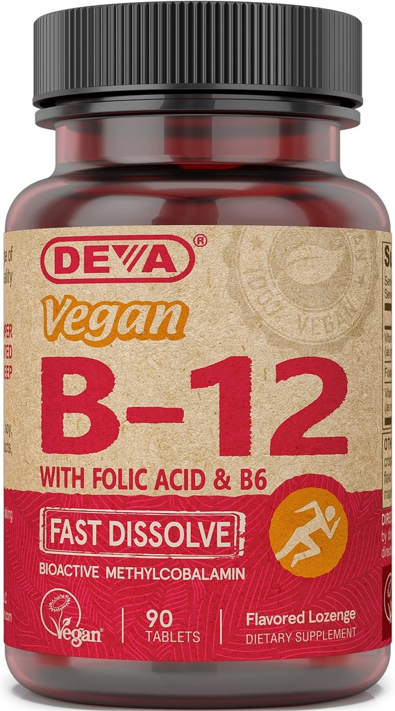DEVA Vegan Vitamin B12 Fast Dissolve Supplement - Μία φορά την ημέρα Complex με 1000 McG Methylcobalamin B12, Φολικό οξύ, B6 - Λεμονί Γεύση - 90 Διαλυτά δισκία,