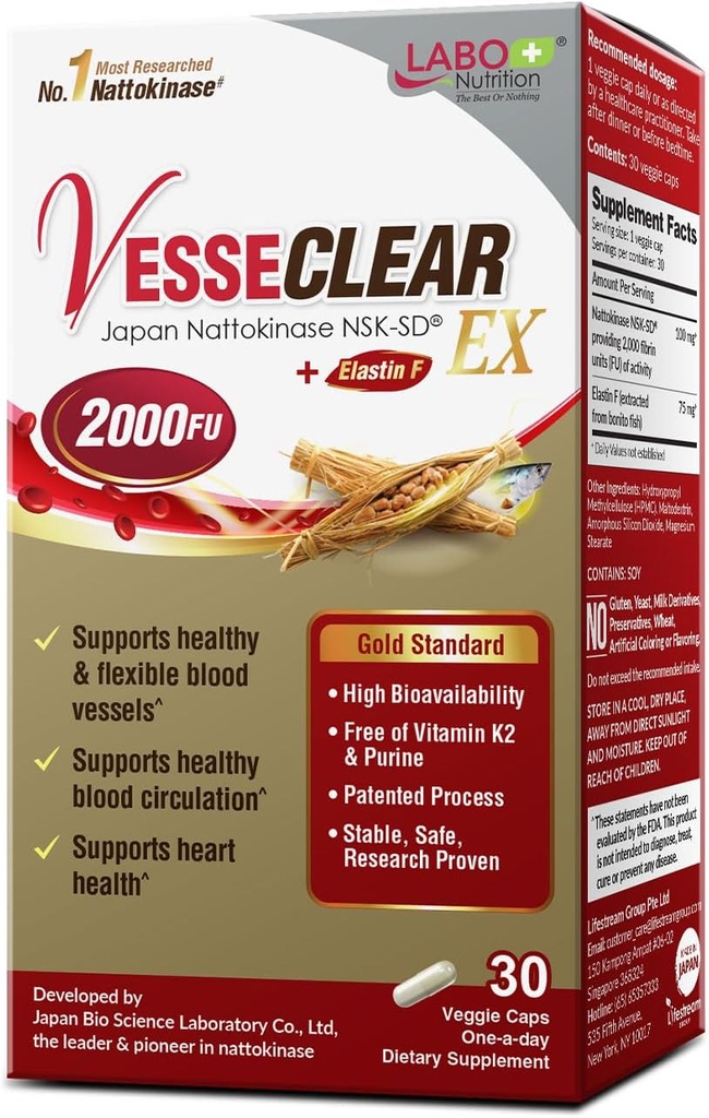 LABO Nutrition SesseCLEAR EX: Nattokinase NSK-SD+Elastin F για το καθαρό και ευέλικτο αιμοφόρο σκάφος. Η πιο ερευνητική απόδειξη της Ιαπωνίας, λειτουργική δόση, όξινα ανθεκτικά / καθυστερημένα καψάκια απελευθέρωσης