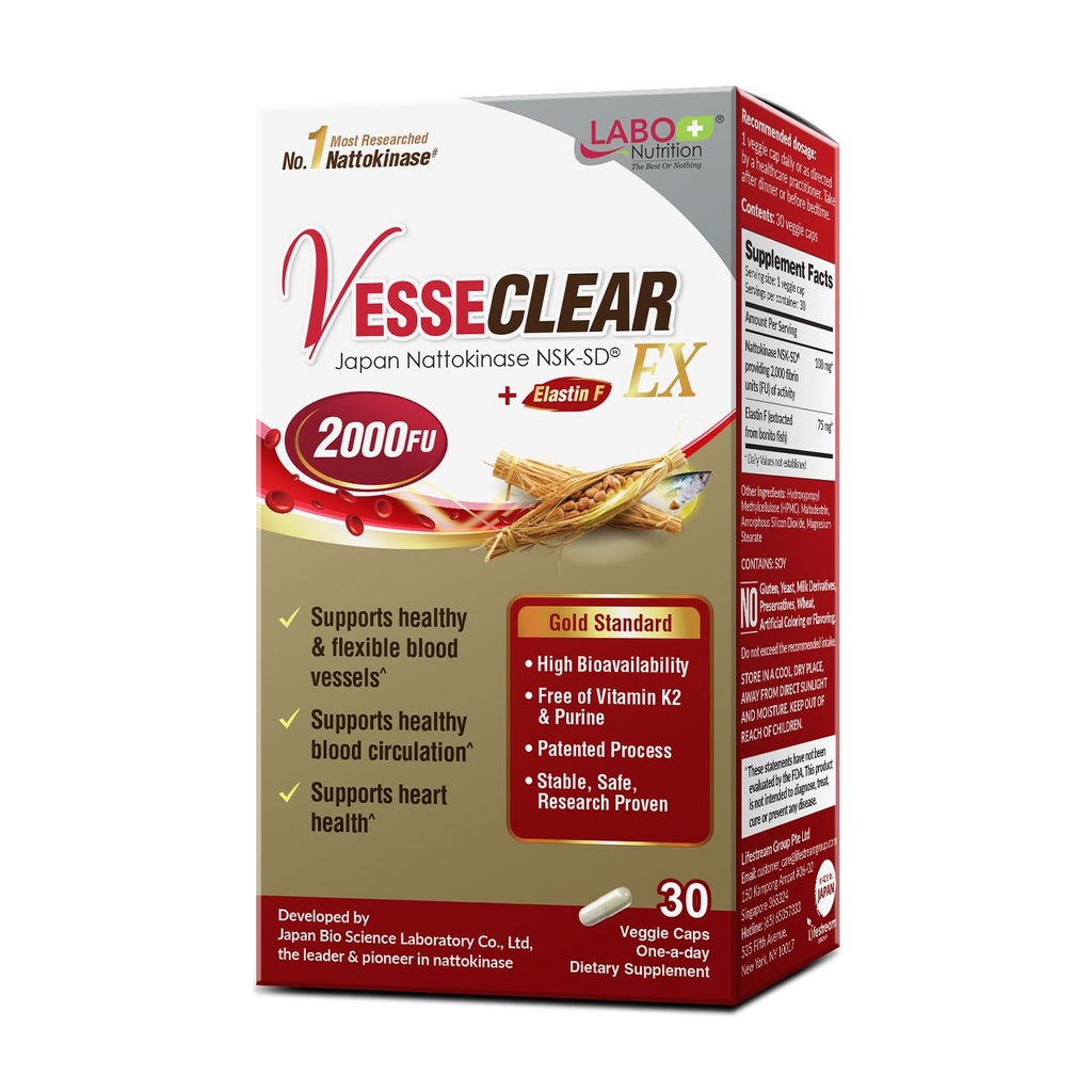 LABO Nutrition SesseCLEAR EX: Nattokinase NSK-SD+Elastin F για το καθαρό και ευέλικτο αιμοφόρο σκάφος. Η πιο ερευνητική απόδειξη της Ιαπωνίας, λειτουργική δόση, όξινα ανθεκτικά / καθυστερημένα καψάκια απελευθέρωσης