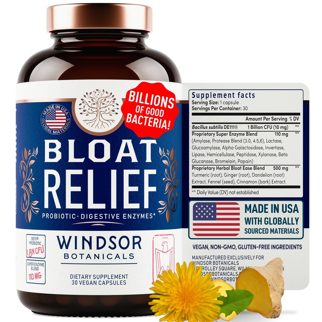 Bloat Relief Probiotic and Digestive Enzymes - Anti Bloating Turmeric, μάραθο, Bromelain IBS συμπλήρωμα - Detox Debloat Κάψουλες Αέριο - Bloating Relief for Women and Men - 30 Gut Health Pills