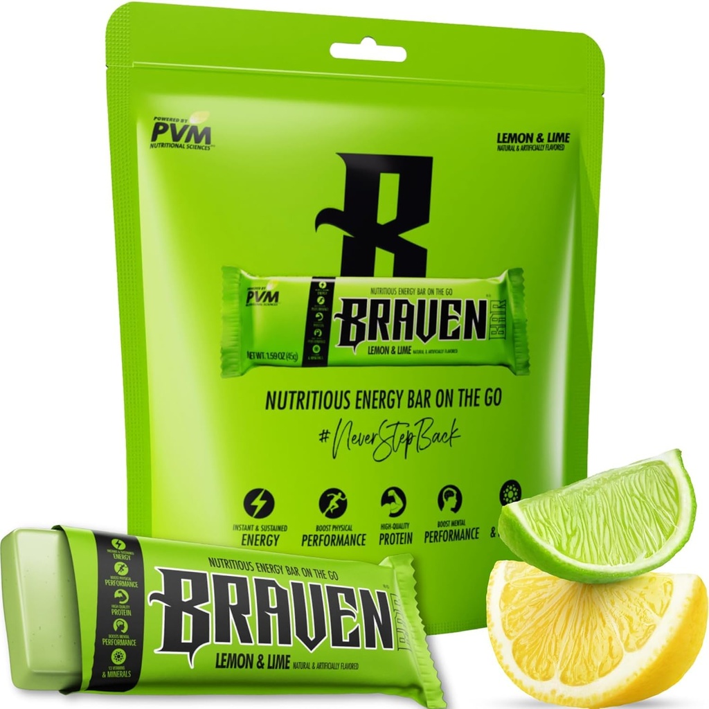 Braven Bar Lemon Lime Energy Bars (1,59 oz, πακέτο των 10) – Ενεργειακά μάσημα με 5g πρωτεΐνης – On-the-Go Ενεργειακά σνακ για τρέξιμο, πεζοπορία και αθλήματα - Χωρίς γλουτένη για διαρκή ενεργειακή ενίσχυση