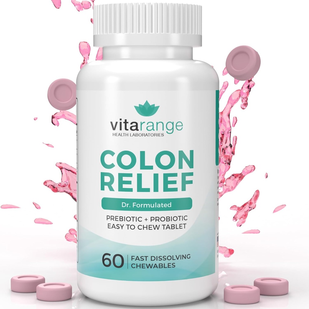 Colon Relief by VitaRange- Γρήγορη δυσκοιλιότητα και Bloating Relief with Sunfiber Prebiotic Fiber and Pre + Probiotics for Digestive Health - 60 Chewable Strawberry Tablets – Doctor Formulated Probiotics