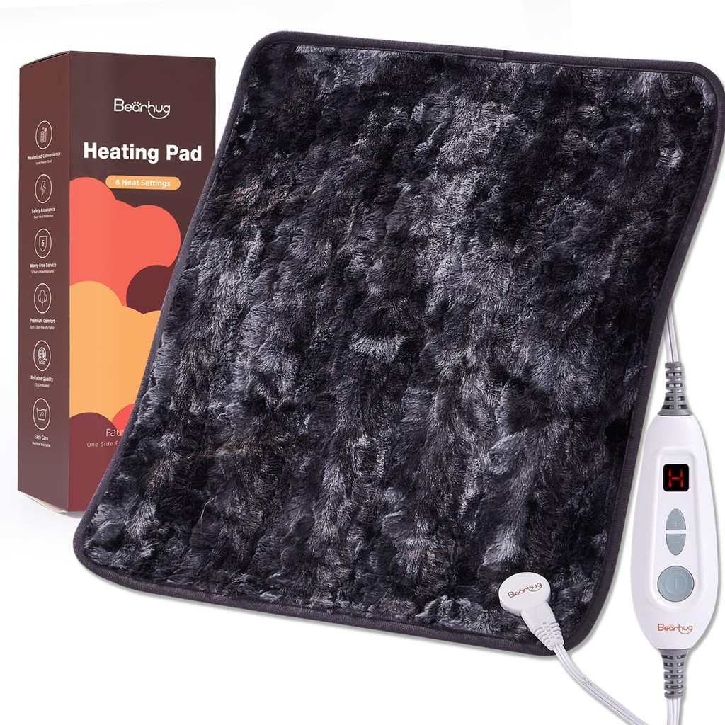 Bearhug XL Ηλεκτρική Θέρμανση Pad 20''x24'' Διπλό-Sided Faux Fur Heated Pad, 6 Heat Levels, 2H Auto-Off, Υγρή & ξηρή Θερμοθεραπεία για την ανακούφιση του πόνου στην πλάτη, Machine Washable, ETL Certified, Gift Box