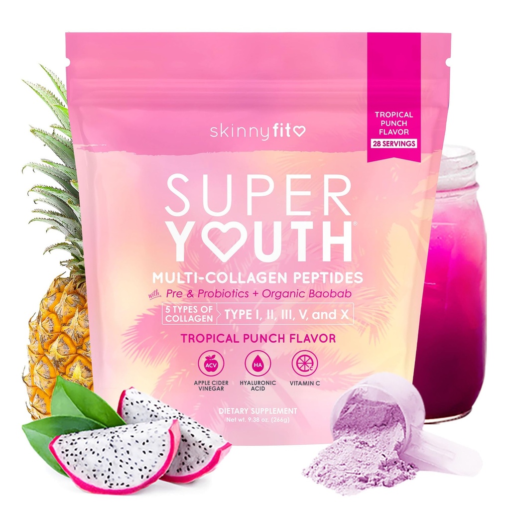 SkinnyFit - Super Youth Collagen for Women - Multi Collagen Peptides Powder - Probiotics, Fiber, Hyaluronic Acid - Non GMO, Gluten Free, Sugar Free - Beauty & Self Care - Tropical Punch (28 Services)