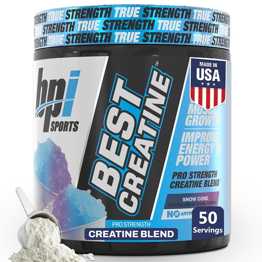 BPI Sports Best Creatine - Creatine Monohydrate Powder for Men & Women, Αλάτι Ιμαλαΐων - Δύναμη, Αντλία, Αντοχή, μυϊκή ανάπτυξη, Μυϊκός Ορισμός - Όχι Bloat - Snow Cone - 50 μερίδες - 10.58 Oz