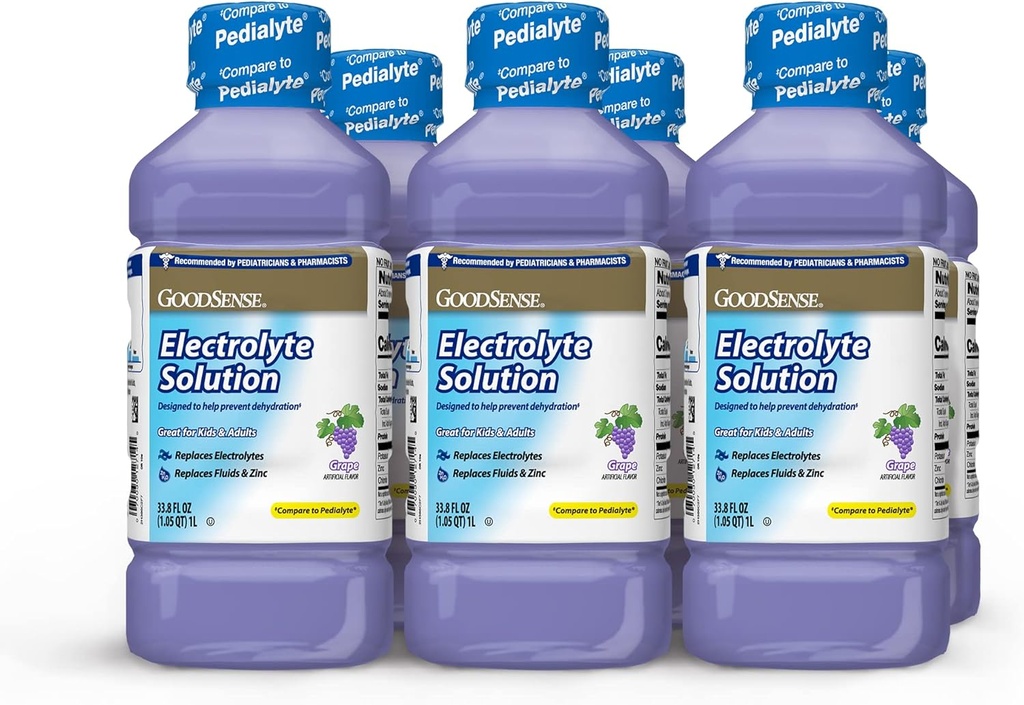GoodSense Grape Electrolyte Solution - Αντικαθιστά ηλεκτρολύτες, υγρά και ψευδάργυρο για παιδιά & ενήλικες, Ενυδατικό Ποτό για Αφυδάτωση, 33.8 Υγρές Ουγγιά (πακέτο των 6)