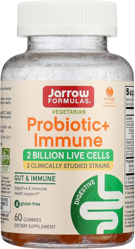 Jarrow Formulas Probiotic+ Immune Gummies, 2 Billion CFU συμπλήρωμα για την Digestive Υγεία και την Ανοσολογική Υποστήριξη, 60 Orange Flavor Probiotic Gummies, 30 Ημέρα προσφοράς