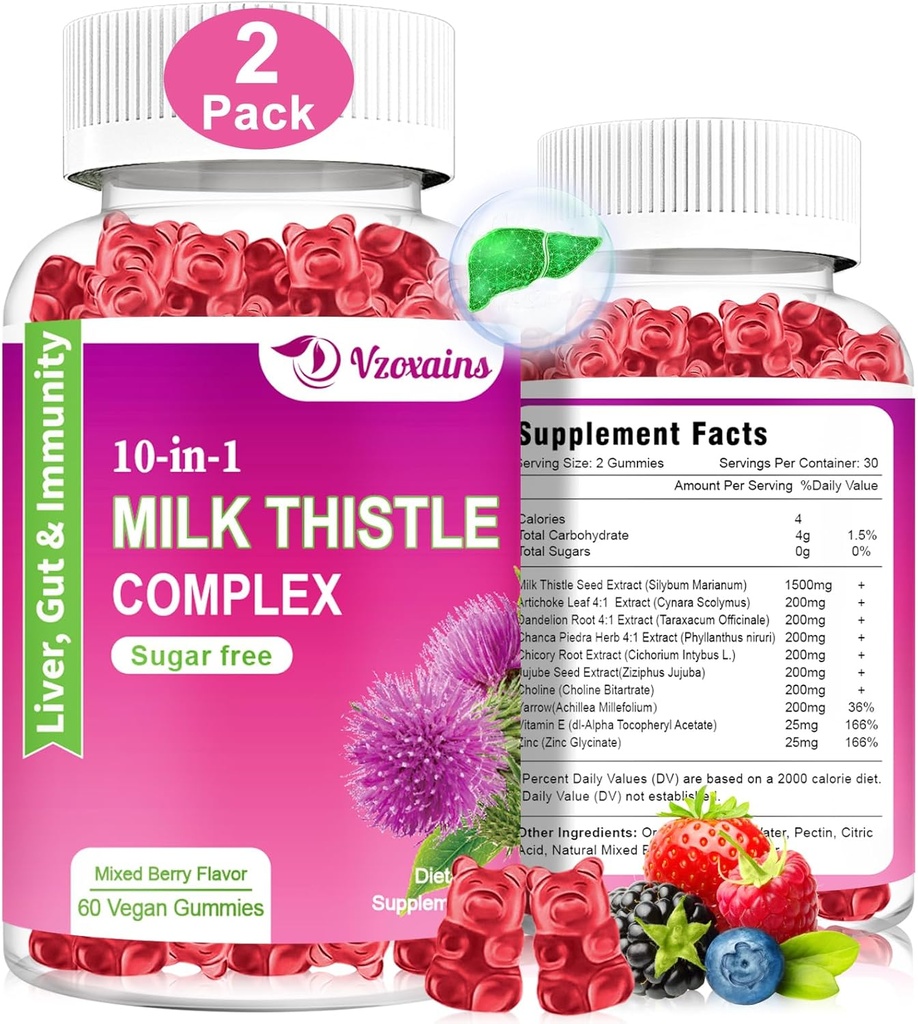Γάλα γαϊδουράγκαθο Gummies, 10 σε 1 Herbal Formula για το συκώτι Cleanse Detox Επισκευή με Dandelion Root, Turmeric, Artichoke Βέλτιστη λειτουργία του ήπατος και Digestive υγεία μικτή γεύση μούρου