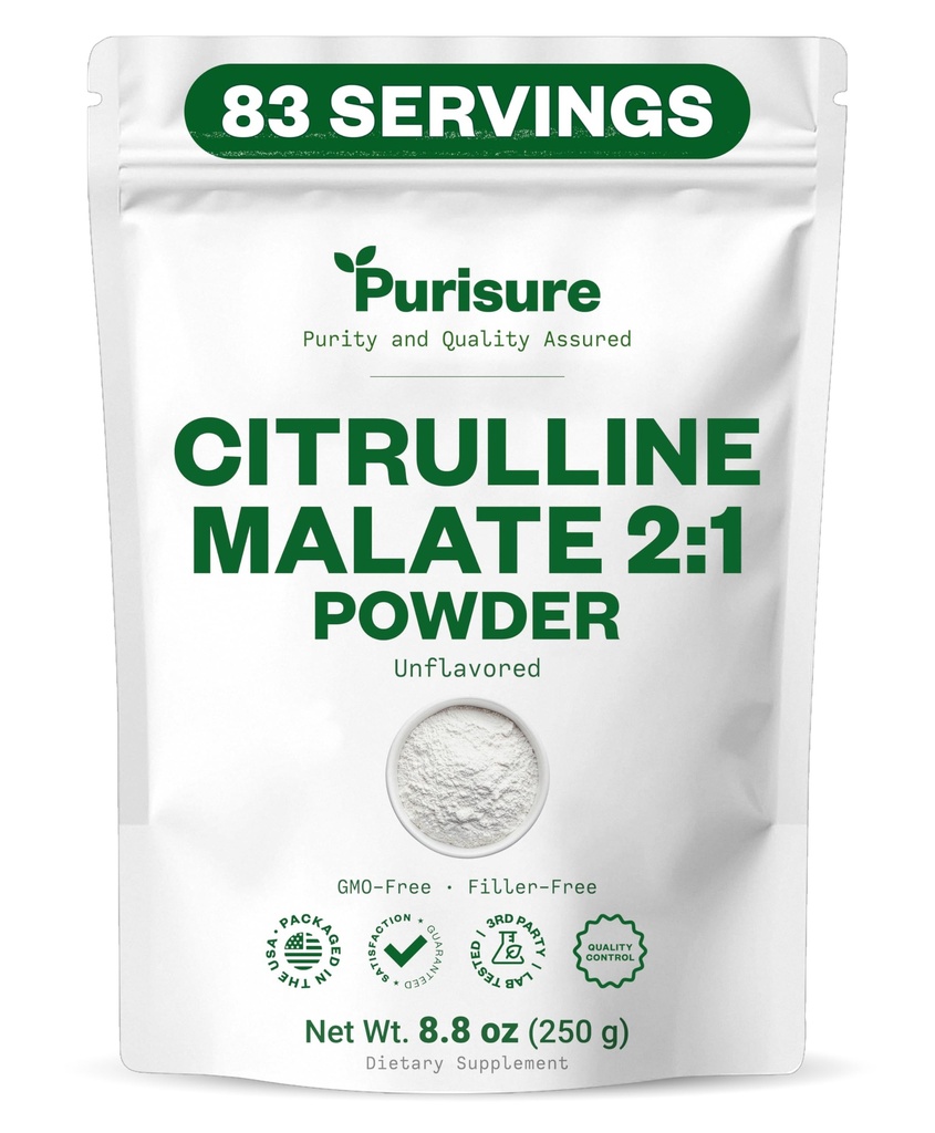 Purisure L-Citrulline Powder 250g, Premium Citrulline 2:1 Συμπλήρωμα μητρότητας για την απόδοση δύναμη και την ενέργεια, πριν από την προπόνηση Citrulline Malate Powder - Ενισχύστε τις μυϊκές αντλίες και την αποκατάσταση - 83 εξυπηρετήσεις