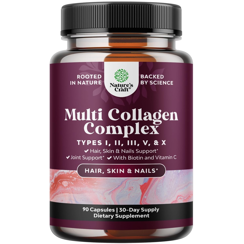 Advanced Multi Collagen Complex - Ageless Multi Collagen Peptides Συμπληρώματα με Type 1 2 3 5 & X & Βιοτίνη για τα μαλλιά, το δέρμα και τα νύχια Βιταμίνες - Βιοτίνη Συμπληρώματα για γυναίκες & άνδρες - 90 Count