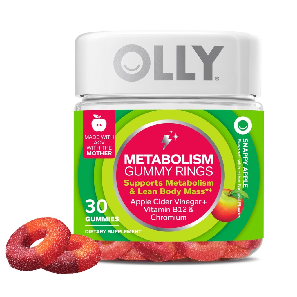 OLLY Μεταβολισμός Gummy δαχτυλίδια, μηλίτη μηλίτη, βιταμίνη Β12, Χρώμιο, Ενέργεια και Πεπτικό Υγεία, Chewable συμπλήρωμα, Apple Γεύση - 30 κόμης