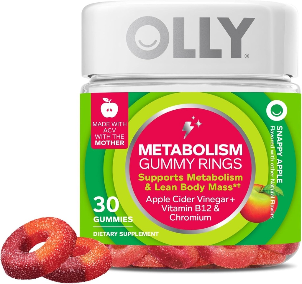 OLLY Metabolism Gummy Rings, Apple Cider Vinegar, Vitamin B12, Chromium, Energy and Digestive Health, Chewable Supplement, Apple Flavor - 30 Count