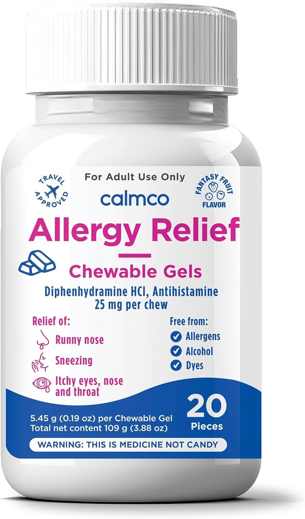 CalmCo Adult Allergy Relief Gummy Bites with Diphenhydramine - Μασώμενα Αντιισταμινικά για το φτάρνισμα, Runny μύτη & Ichy Eyes, Νυχτερινή Αλλεργία Ιατρική για ηλικίες 12+, Fantasy Fruit Flavor, 20 Count