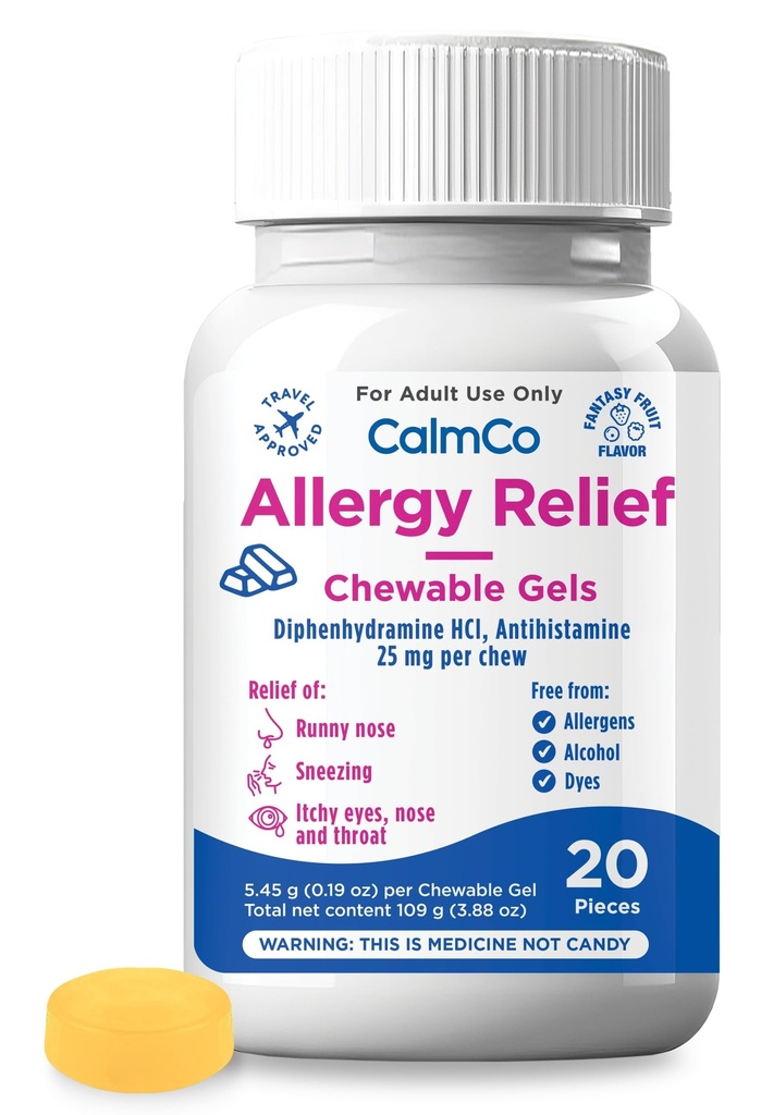 CalmCo Adult Allergy Relief Gummy Bites with Diphenhydramine - Μασώμενα Αντιισταμινικά για το φτάρνισμα, Runny μύτη & Ichy Eyes, Νυχτερινή Αλλεργία Ιατρική για ηλικίες 12+, Fantasy Fruit Flavor, 20 Count