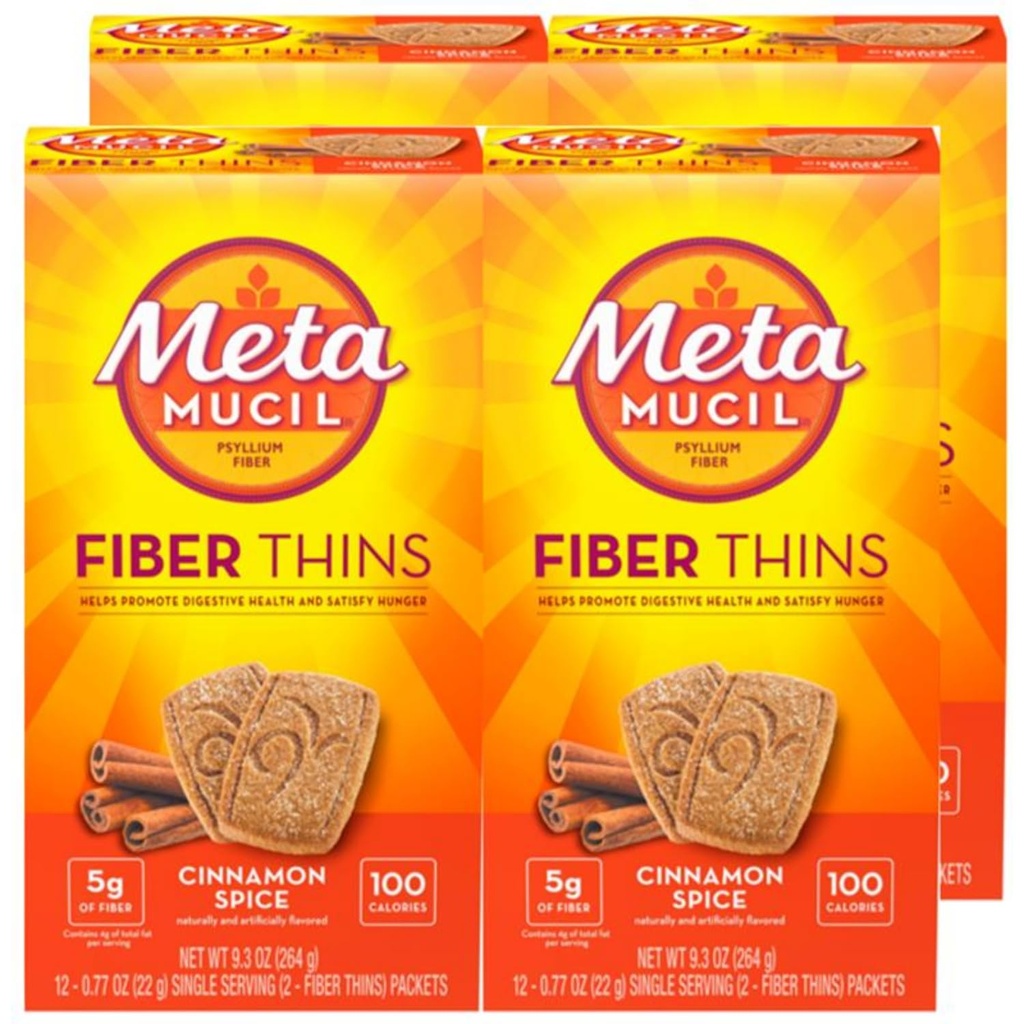Metamucil Fiber Thins, Daily Fiber Snack συμπλήρωμα, Psyllium Husk σκόνη, 5g Fiber ανά υπηρεσία, Υποστηρίζει Digestive Υγεία και Ικανοποιήσεις Πείνα, Cinnamon Spice Flavor, πακέτο των 4, 12 εξυπηρετεί το καθένα