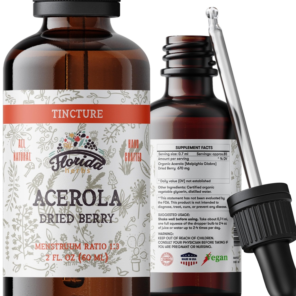 Acerola Tincture (Vitamin C), Organic Acerola Extract (Malpighia Glabra) Αποξηραμένο μούρο για αίμα, καρδιά, αρτηρίες, μη γενετικά τροποποιημένο οργανικό φυτικό γλυκερίνη, Florida Βότανα Συμπληρώματα