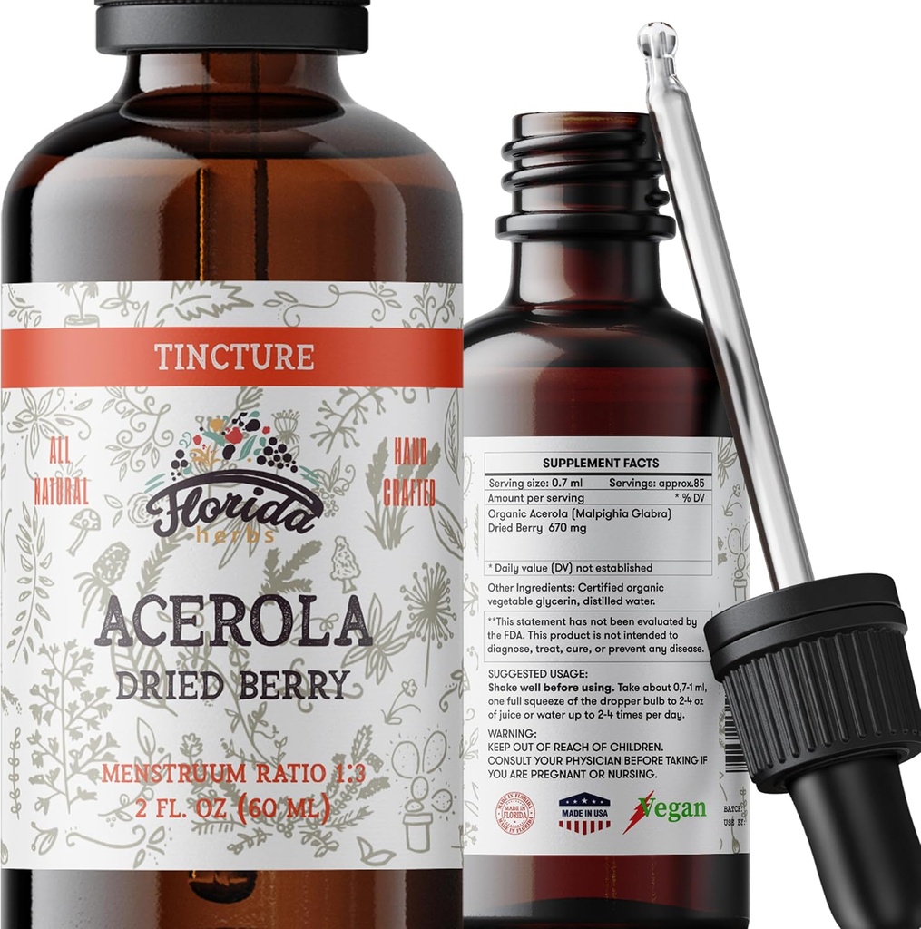 Acerola Tincture (Vitamin C), Organic Acerola Extract (Malpighia Glabra) Αποξηραμένο μούρο για αίμα, καρδιά, αρτηρίες, μη γενετικά τροποποιημένο οργανικό φυτικό γλυκερίνη, Florida Βότανα Συμπληρώματα