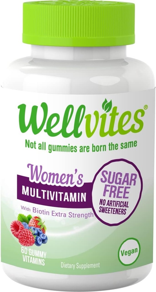 Wellvites Sugar Free Multivitamin Gummies for Women with Biotin, Vegan, Non-GMO - Βιταμίνες για γυναίκες, Βιταμίνη Α, Β6, και Β12, No Artificial Sweeteners, Gluten-free,60 Count (30 Day Supply)