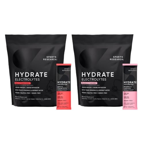 Sports Research Hydrate Electrolytes Dynamic Duo - Sugar-Free & Φυσικά αρωματισμένα με Βιταμίνες, Ορυκτά και Νερό καρύδας - 32 Hydration Packets Cherry Pomegranate & Raspberry Lemonade