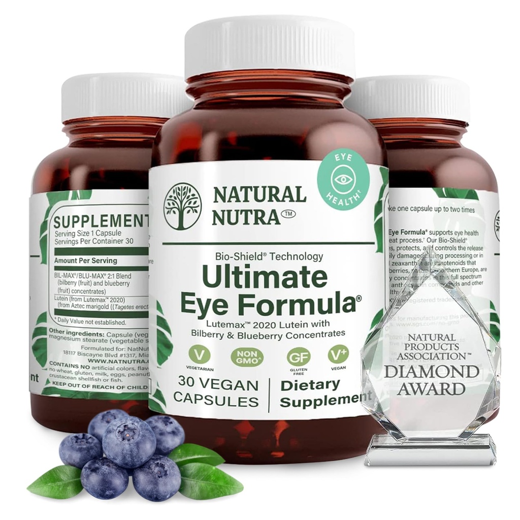Natural Nutra Ultimate Eye Health Supplement - Bilberry & Blueberry Extract Blend for Day and Night Vision Support, Promotes Color Perception & Eye Clarity - Non-GMO, Gluten-Free, Vegan - 30 Capsules
