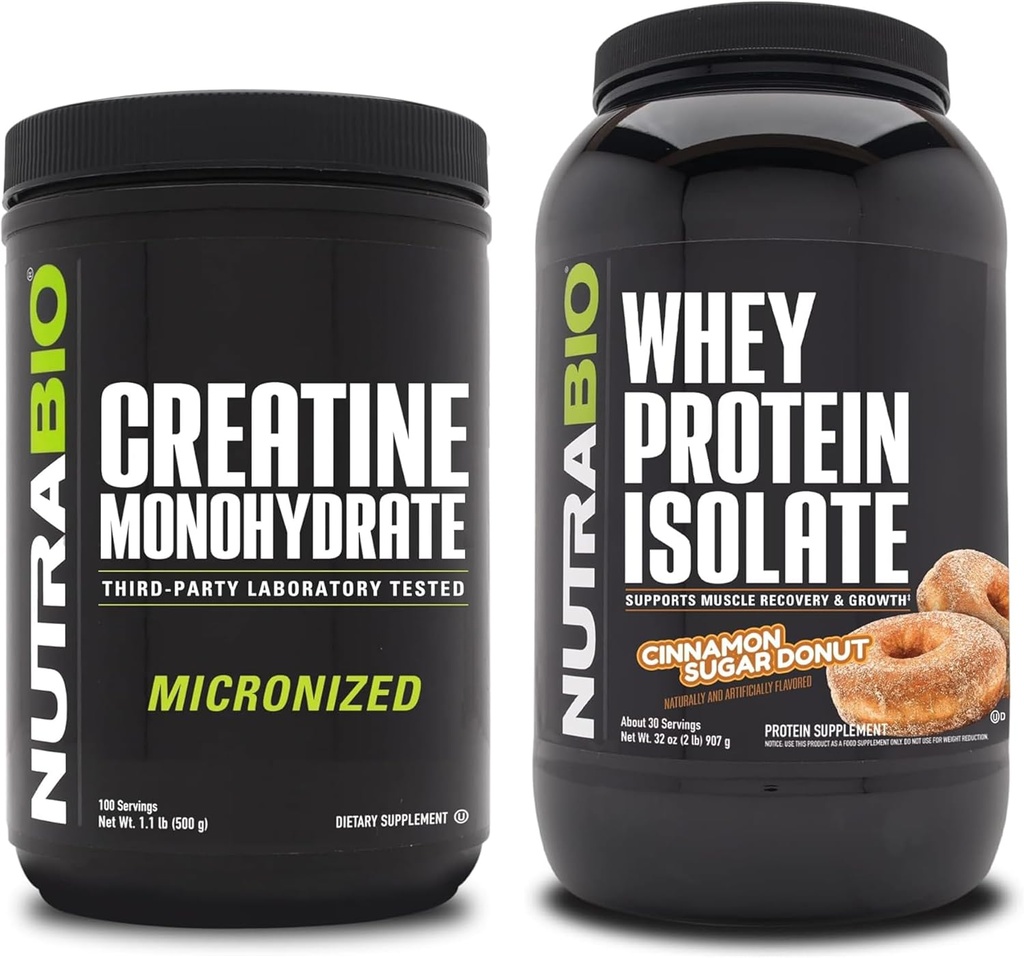 NutraBio Creatine Monohydrate, Unflavored, 500g and Whey Protein Isolate, Cinnamon Sugar Donut, Supplement Bundle - Muscle Energy, Lean Muscle Growth, Recovery, and Strength