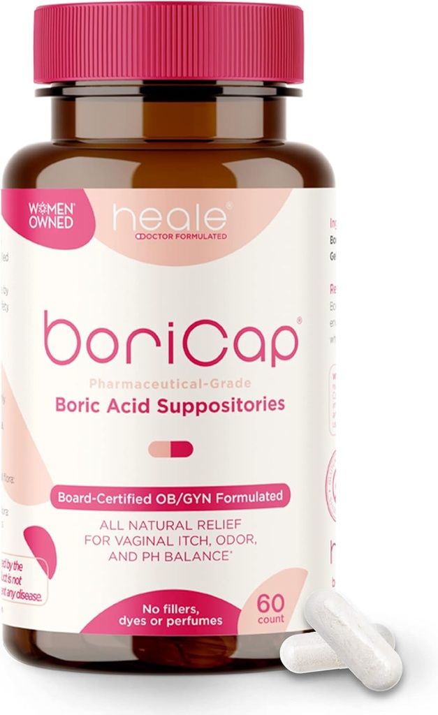 BoriCap - Boric Acid Suppositories for Women - 600 mg - Κολπική Υγεία & Ισορροπία, Itch & Odor - Natural Relief - Γυναικεία Φροντίδα - Γυναικεία Προϊόντα Υγιεινής - Κατασκευάζεται στις ΗΠΑ από την Heale - 60 Κάψουλες