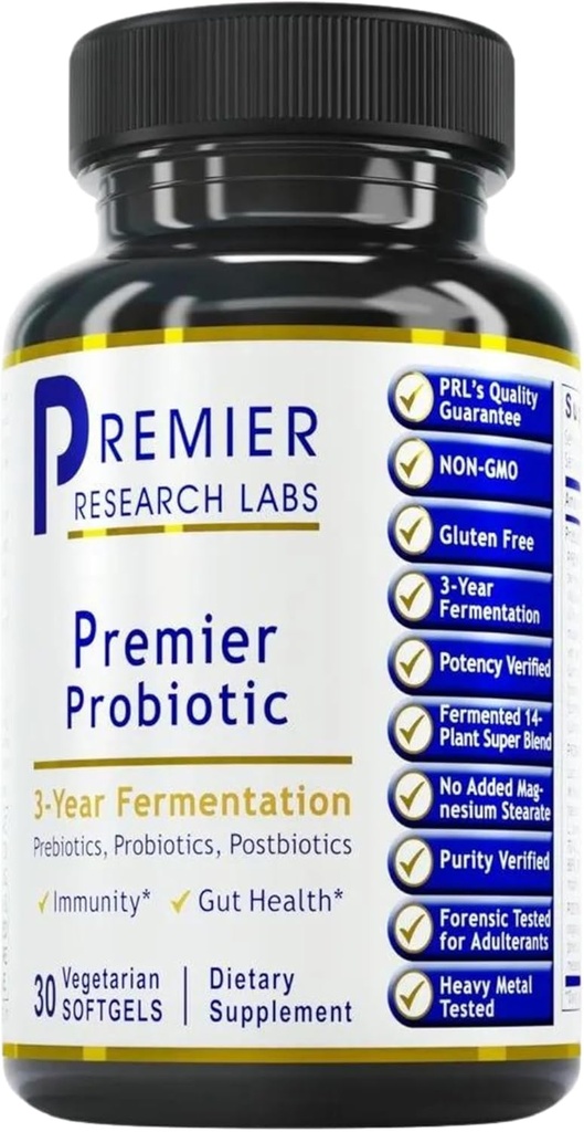 Premier Research Labs Premier Probiotic - Pre Pro Post Biotics for Women & Men, Quad Biotic, Quadbiotic, Prebiotics, Probiotics, Postbiotics & Phytobiotics - 30 κάψουλες χορτοφαγικού Softgel