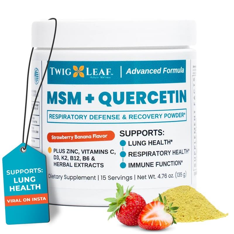 Twig & Leaf MSM + Quercetin Powder with Vitamin C & Zinc (Strawberry Banana) - Immune System Support Supplement for Respiratory Health & Lung Function - Natural Defense & Recovery Complex - 4.76 oz