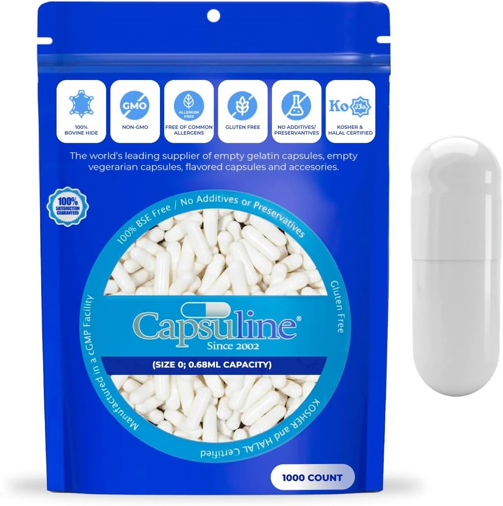 Capsuline Size 0 - Colored White Empty Gelatin Capsules - 1000 Count - Empty Gel Pill Capsules - DIY Pure Bovine Pill Capsule Filling - Empty Caps - Kosher - Non-GMO Certified