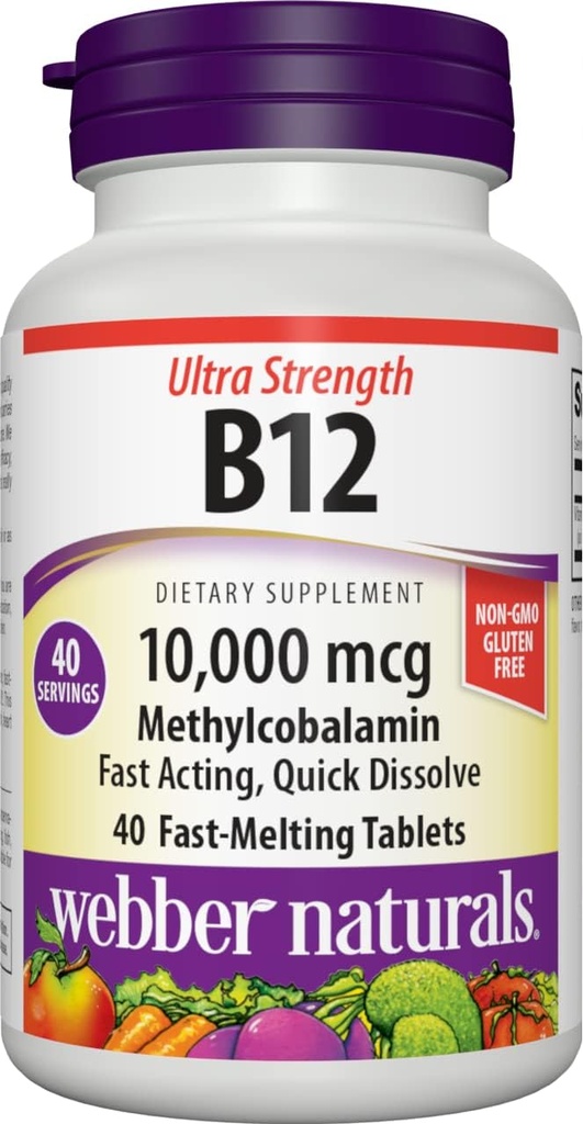 Webber Naturals Βιταμίνη Β12 10.000 mcg, Ultra Strength, 40 Count, Fast Dissolve Tablets, Vitamin Supplement Support for Energy Μεταβολισμός, ανοσοποιητική και καρδιακή υγεία, Vegan Formula